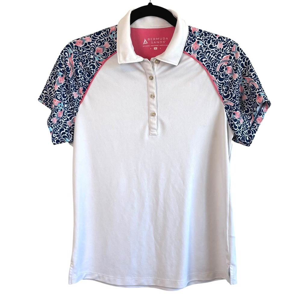 Bermuda Sands Polo Shirt White Pink Women Size‎ M Tropical Bird Raglan Golf Top